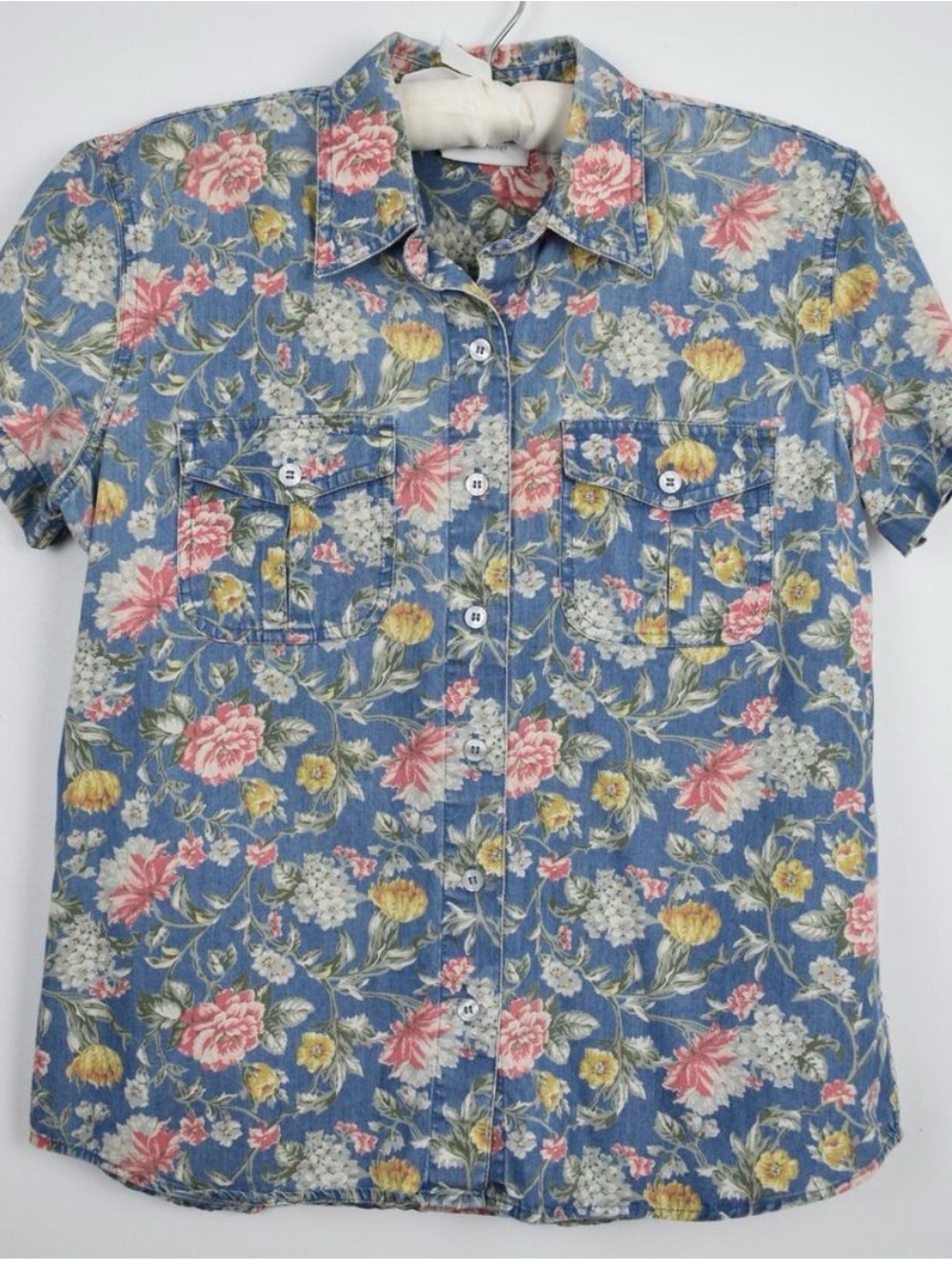 Vintage Liz Claiborne blue floral cotton button up blouse shirt top size small